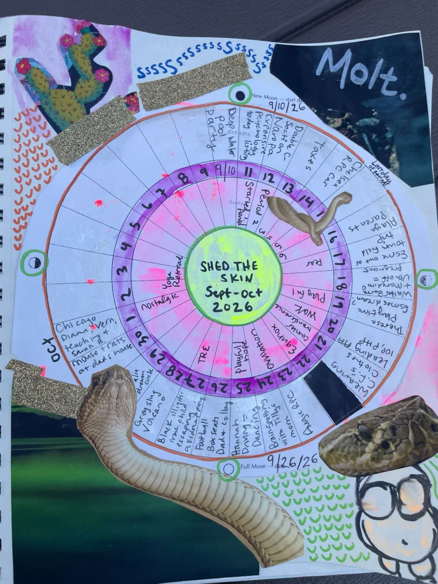 A filled-in Lunar Dream Map titled 'Shed the Skin, Sept–Oct 2026', collaged with snakes, cactus, glitter tape and the word 'Molt', with handwritten dreams and body notes in each ring.
