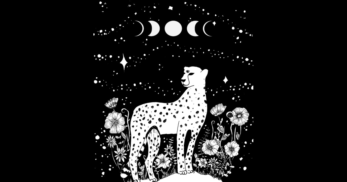 Illustration of a snow leopard standing among flowers beneath the phases of the moon.