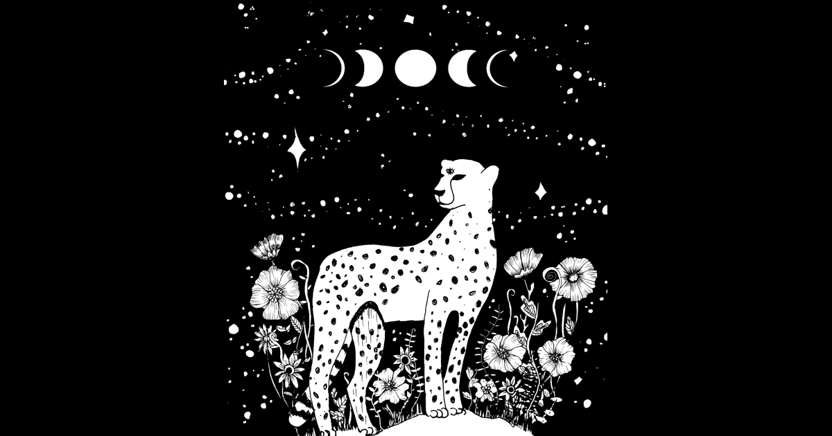 Illustration of a snow leopard standing among flowers beneath the phases of the moon.
