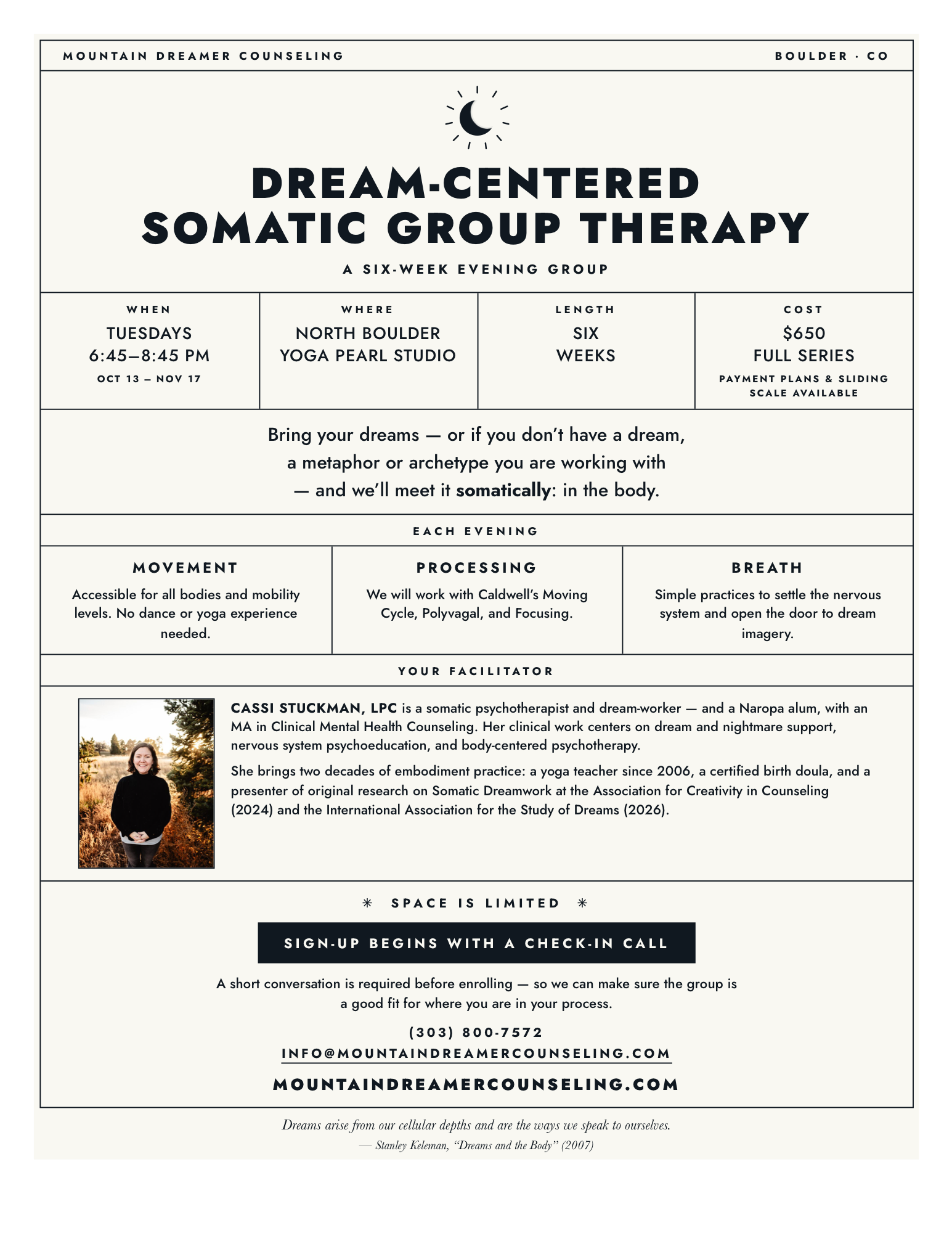 Dream-Centered Somatic Group Therapy — a six-week evening group. Tuesdays 6:45–8:45 PM, October 13 to November 17, at Yoga Pearl Studio in North Boulder. $650 for the full series, with payment plans and sliding scale available.