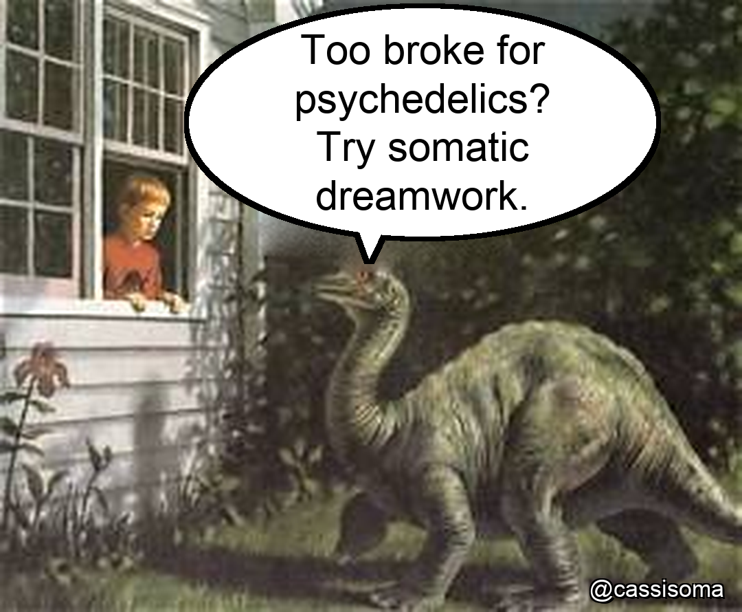 A boy watches a dinosaur in his yard. The dinosaur says, “Too broke for psychedelics? Try somatic dreamwork.”